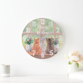 Zwei Katzen am Fenster Landschaftliche Blume Große Wanduhr (Zuhause)