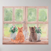 Zwei Katzen am Fenster Landschaftliche Blume Poster (Vorne)