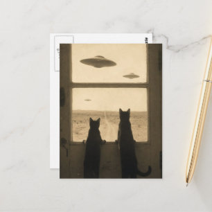 Zwei Katzen an der Tür und UFOs Postkarte