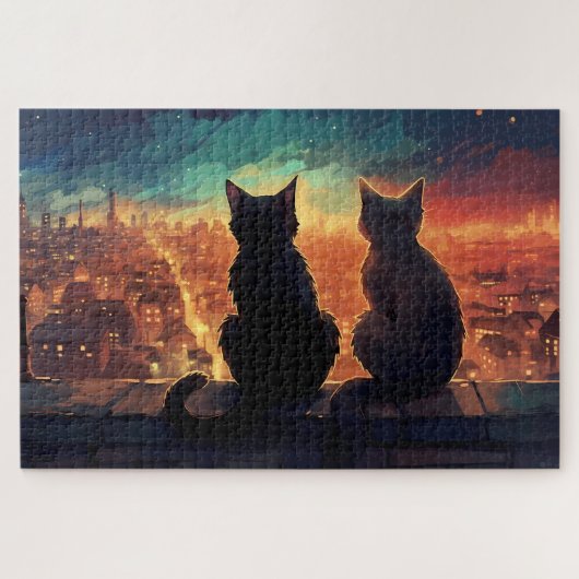Zwei Katzen auf der Dachterrasse mit Blick auf Sta Puzzle (Horizontal)