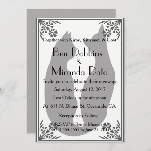 Zwei Katzen Hochzeit in Schwarz, Weiß und Grau Einladung (Vorne/Hinten)
