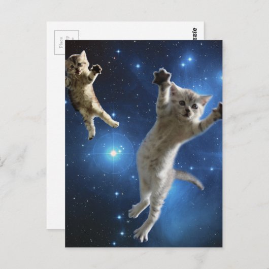 Zwei Katzen im Weltraum schwebend um die Galaxie Postkarte (Vorne/Hinten)