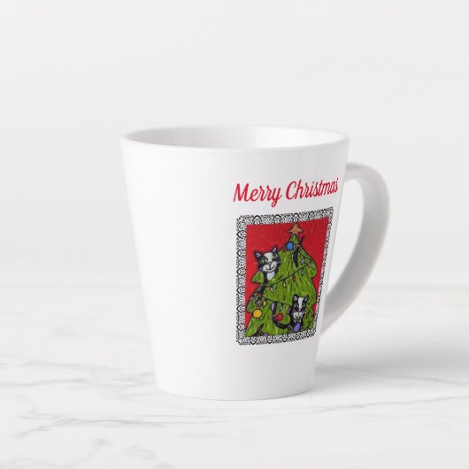 Zwei Katzen klettern im dekorierten Weihnachtsbaum Milchtasse (Rechte Ecke)