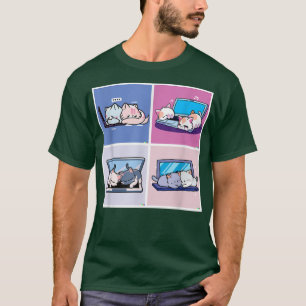 Zwei Katzen Laptop Kawaii Anime Japanischer Gesche T-Shirt