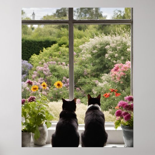 Zwei Katzen mit Blick auf die Fensterwand Kunst Poster (Vorne)