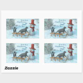 Zwei Katzen und ein Schneemann Rechteckiger Aufkleber