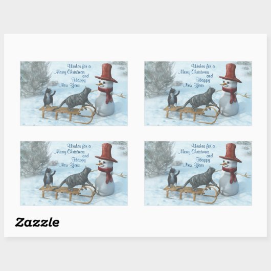 Zwei Katzen und ein Schneemann Rechteckiger Aufkleber (Blatt)