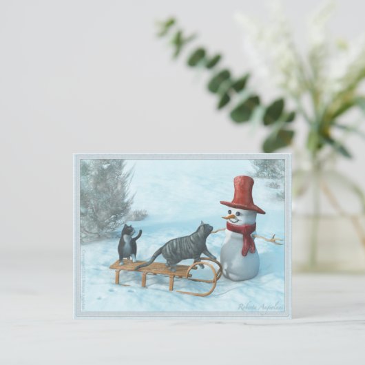 Zwei Katzen und eine Snowman Postkarte (Stehend Vorderseite)