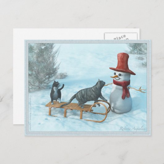 Zwei Katzen und eine Snowman Postkarte (Vorne/Hinten)
