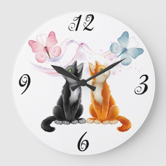 Zwei Katzen und Schmetterlinge Wall Clock Große Wanduhr (Vorderseite)