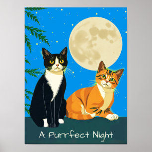 Zwei Katzen unter Vollmond Poster