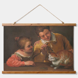 Zwei Kinder, die eine Katzen-Tapestry nachahmen Wandteppich Mit Holzrahmen