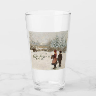 Zwei Kinder, die Vögel im Schnee Gefüttert haben Glas