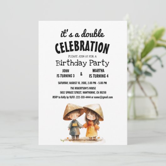 Zwei Kinder Orientalisch Ostasien Doppelgeburt Par Einladung (Stehend Vorderseite)