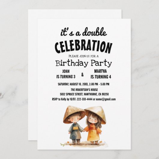 Zwei Kinder Orientalisch Ostasien Doppelgeburt Par Einladung (Vorne/Hinten)