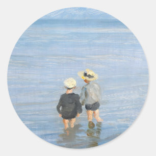 Zwei Kinder paddeln am Skagen Beach, PS Kroyer Runder Aufkleber