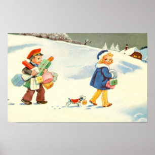 Zwei Kinder und ein Hund im Schnee Poster
