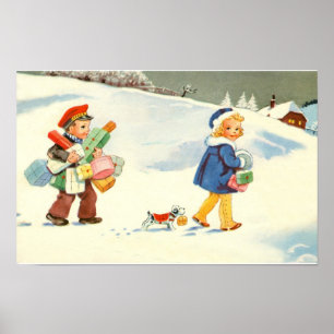 Zwei Kinder und ein Hund im Schnee Poster