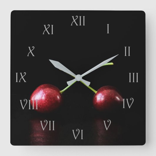 Zwei Kirschen Grau-Script römische Zahlen wcm Quadratische Wanduhr (Vorderseite)