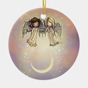 Zwei kleine Engel in einer funkelnden Nacht Kunst Keramik Ornament
