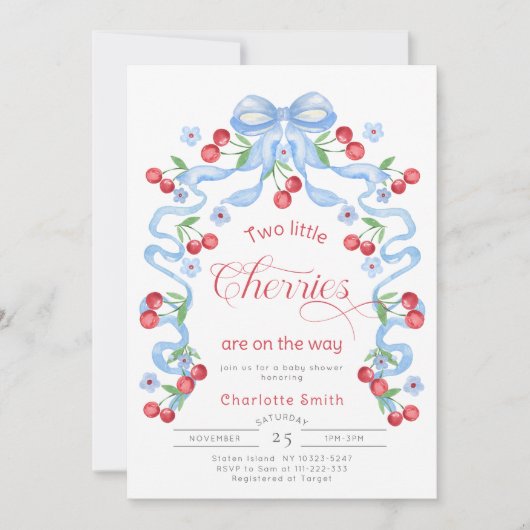 Zwei kleine Kirschen Twins Blue Bogen Babydusche Einladung (Vorderseite)