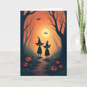Zwei kleine Kobolde und Jack O'Lanterns Halloween Feiertagskarte