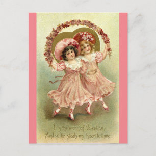 Zwei kleine Mädchen hüpfen Vintage Valentinstag Postkarte