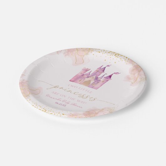 Zwei kleine Prinzessinnen Burg Twins Kinderdusche Pappteller (Schrägansicht)