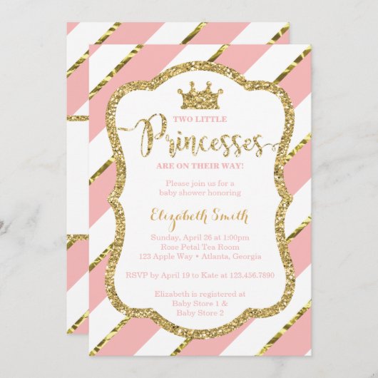 Zwei kleine Prinzessinnen Einladung, Imitate Glitz Einladung (Vorne/Hinten)