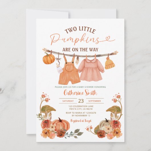 Zwei kleine Pumpkins Baby Duschkabine Floral Einladung (Vorderseite)
