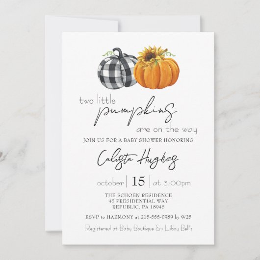 Zwei kleine Pumpkins Sonnenblume Twins Baby Dusche Einladung (Vorderseite)