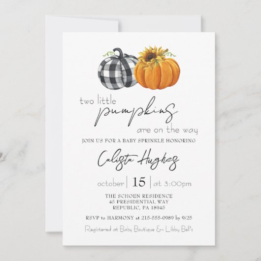 Zwei kleine Pumpkins Sonnenblume Twins Baby Sprink Einladung (Vorderseite)