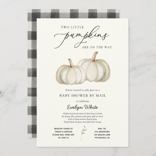 Zwei kleine Pumpkins Twin Baby Dusche von Mail Inv Einladung (Vorne/Hinten)