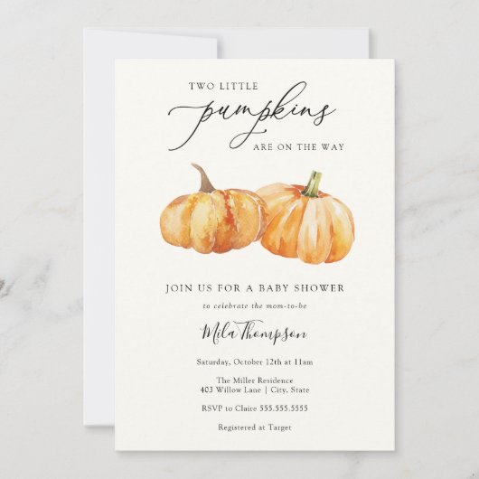 Zwei kleine Pumpkins Zwei-Baby-Dusche Einladung (Vorderseite)