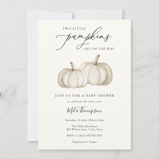 Zwei kleine Pumpkins Zwei-Baby-Dusche Einladung (Vorderseite)