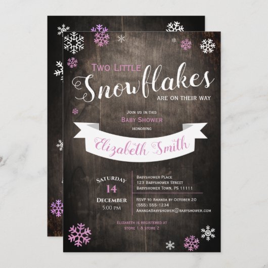 Zwei kleine Schneeflocken Babydusche Einladung (Vorne/Hinten)