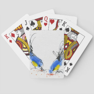 Zwei kleine Titanen picken Getreide. Kalligrafie Spielkarten