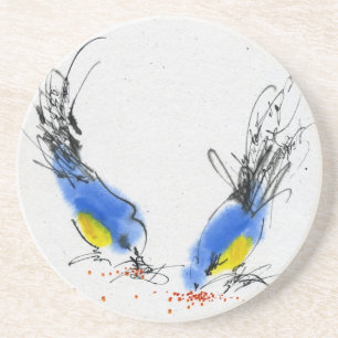 Zwei kleine titmouses, die Korn pecking sind. Untersetzer