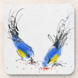Zwei kleine titmouses, die Korn pecking sind. Untersetzer
