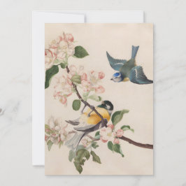 Zwei kleine Vögel in der Nähe eines Apfelblumenzwe Feiertagskarte