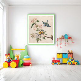 Zwei kleine Vögel in der Nähe eines Apfelblumenzwe Poster