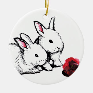 Zwei kleine weiße Kaninchen Keramik Ornament