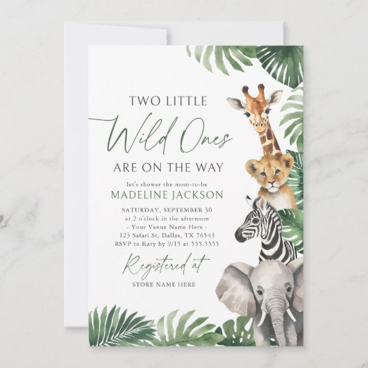 Zwei kleine wilde Tiere auf dem Weg Safari Baby Du Einladung (Vorderseite)