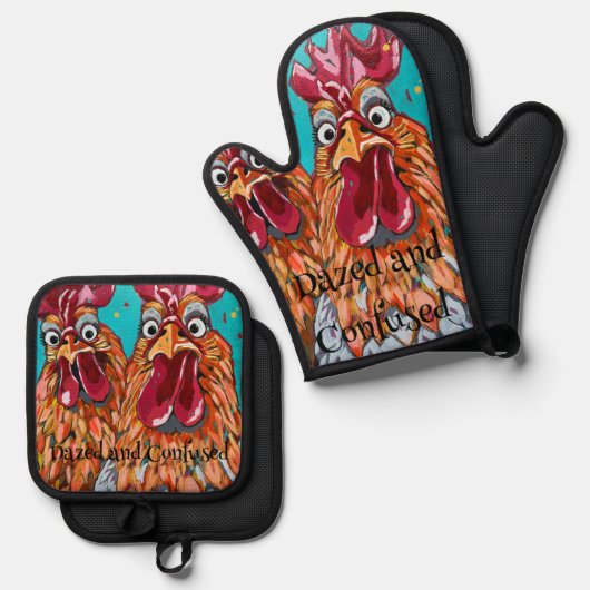 Zwei komische Rooster Ofenhandschuh & Topflappen-Set (Vorderseite/Rückseite)