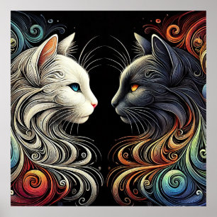 Zwei kontrastierende Katzengesichter mit lebendige Poster