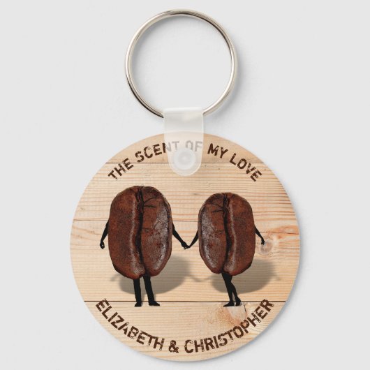 Zwei köstlich geröstete Kaffeebohnen als Junge und Schlüsselanhänger (Vorderseite)