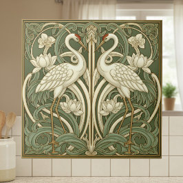 Zwei Kraniche Art Nouveau Pat#10 Olive Elfenbein I Fliese