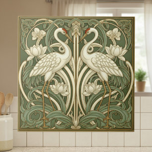 Zwei Kraniche Art Nouveau Pat#10 Olive Elfenbein I Fliese