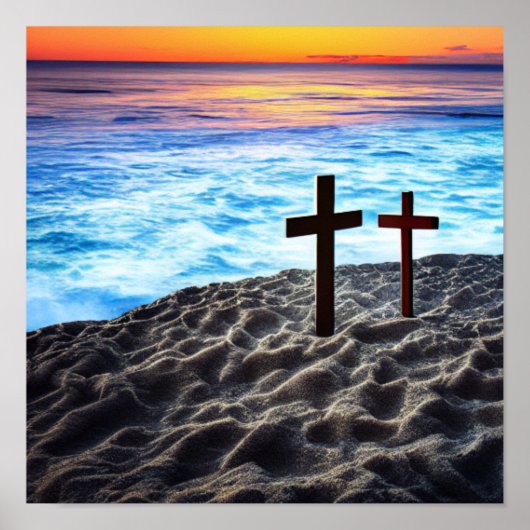 Zwei Kreuze am Meer bei Sonnenuntergang Poster (Vorne)