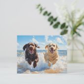 Zwei Labrador Retriever am Strand Postkarte (Stehend Vorderseite)